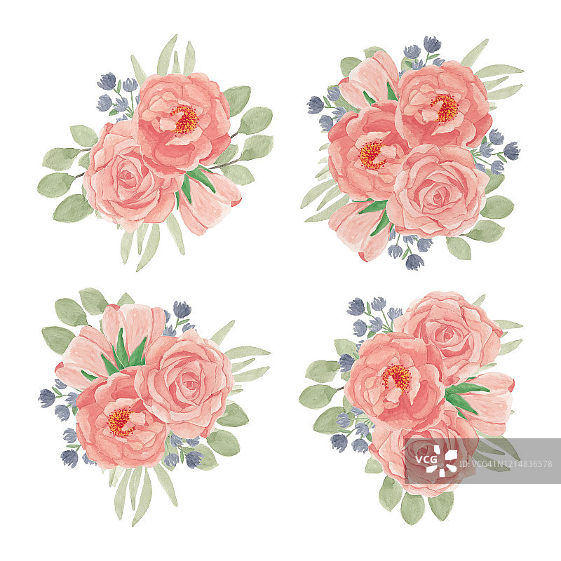 水彩风格的桃花玫瑰花束收藏图片素材