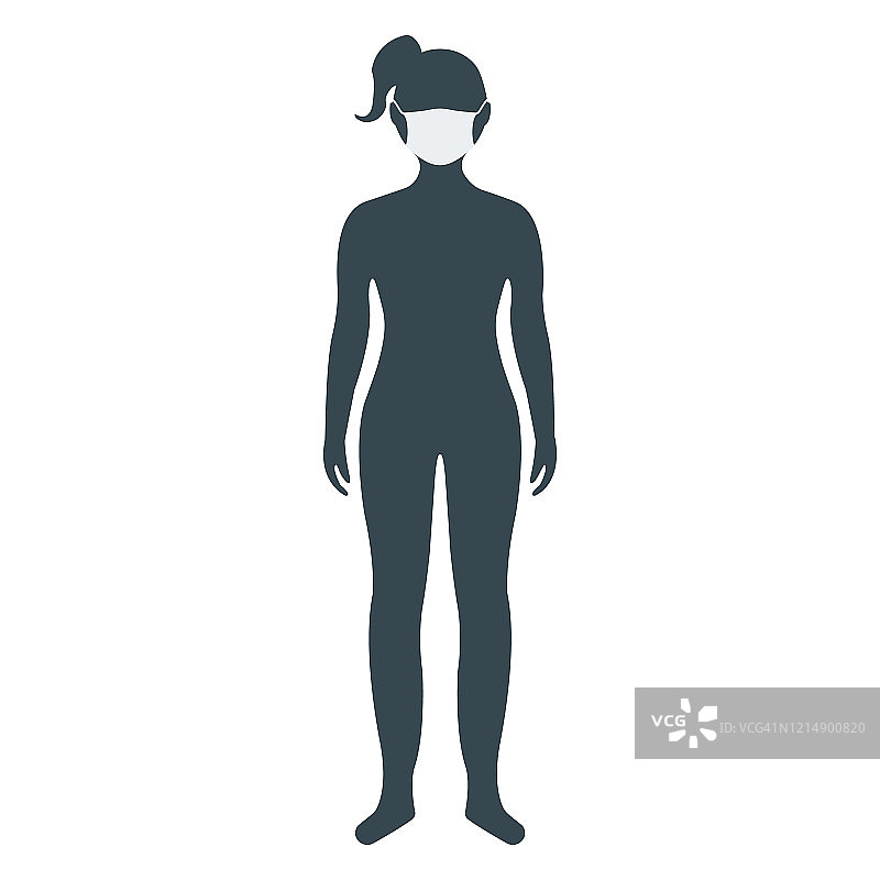 人体正面剪影与医疗面具图标，孤立在白色，概念矢量插图。标签流行冠状病毒。图片素材
