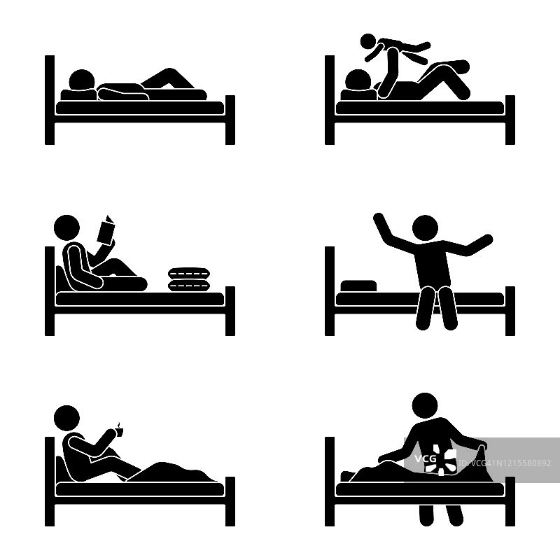简笔画人躺在床上，看书，喝咖啡，和孩子玩，伸展，使床矢量插图象形设置在白色图片素材