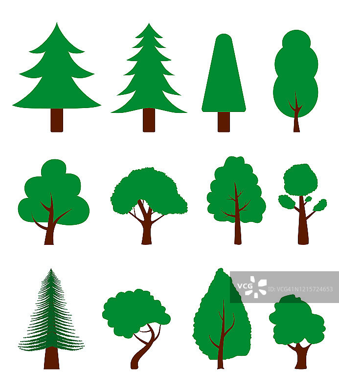 矢量平面树景观。卡通剪影橡树的花园装饰。以自然生态为背景，设计绿色硬木植物。一组有机元素。花卉插图。图片素材
