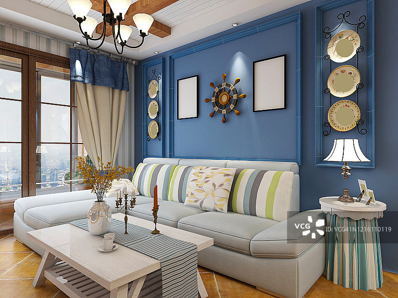三维渲染，蓝色地中海风格的客厅设计，配有沙发、茶几、装饰画等。图片素材