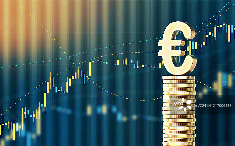 欧元标志坐在硬币堆栈前的条形图-股票市场和金融概念图片素材
