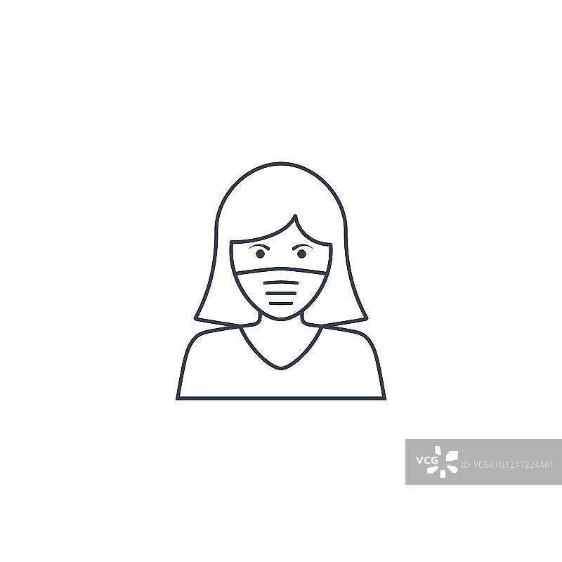 女人的脸与面具线图标，矢量符号在时尚的平面风格孤立的白色。冠状病毒保护的概念图片素材