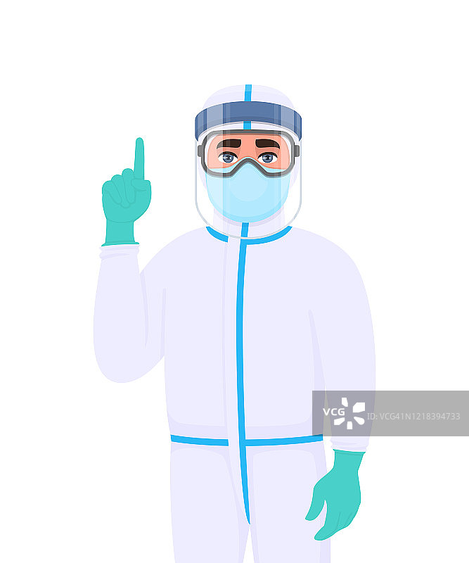 医生穿着防护服，手指向上。医护人员戴着面罩、乳胶手套和手势。医生戴口罩、护目镜。冠状病毒流行。卡通插图。图片素材