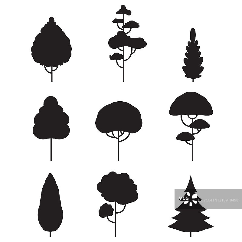 树的图标集。扁平风格的植物剪影。不同树木形状的景观设计。森林和自然的象征。矢量插图。图片素材