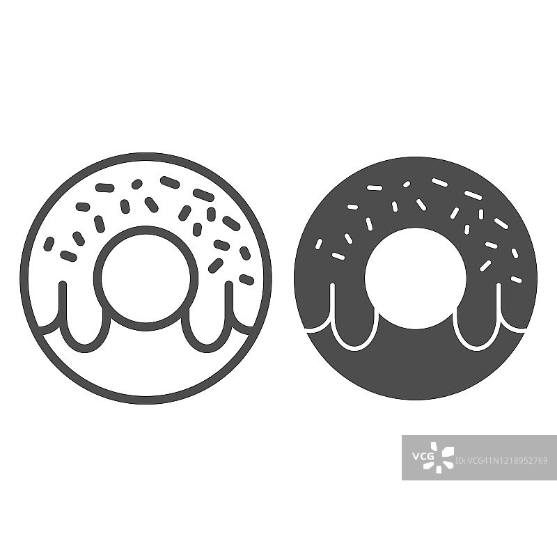 甜甜圈线和固体图标。甜甜圈符号插图孤立在白色。开胃美味的甜甜圈与釉轮廓风格设计，专为网页和应用程序。Eps 10。图片素材
