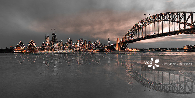 悉尼歌剧院和海港大桥，悉尼，澳大利亚(日落)图片素材