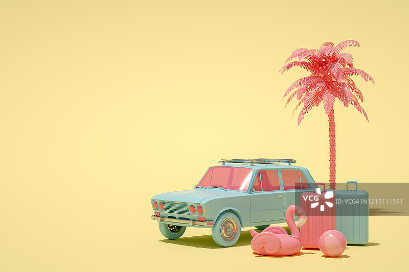 3D汽车和行李，最小的夏季和旅游概念图片素材