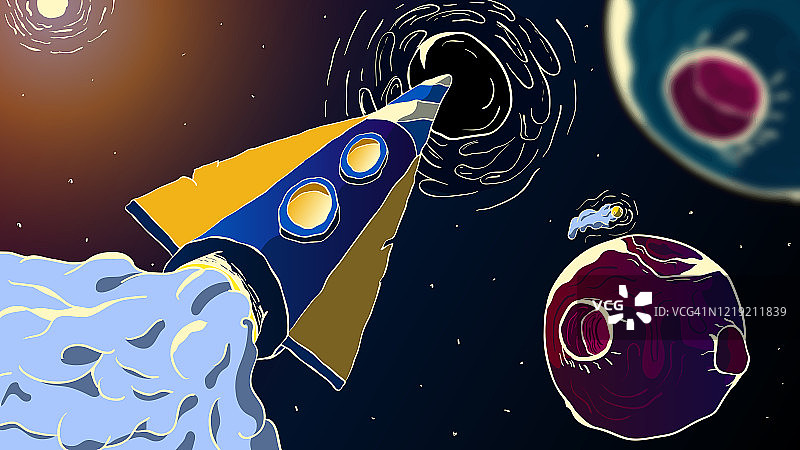 未来宇宙手绘插图-火箭在一个黑洞飞行。图片素材