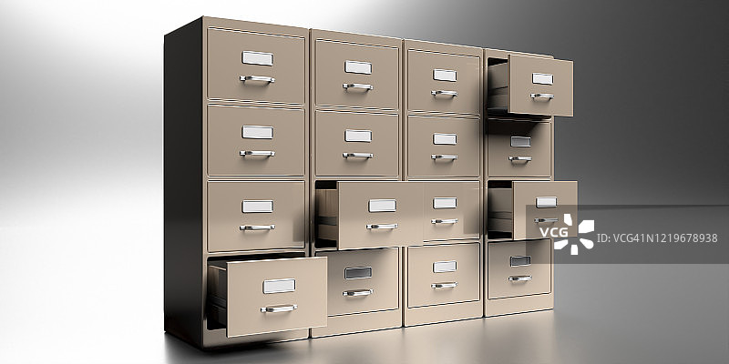 灰色背景中的文件柜。办公室文件档案组织。三维演示图片素材