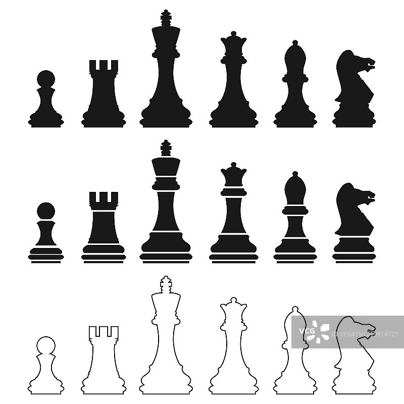 国际象棋。各种风格的棋子剪影。一个古老的逻辑游戏。矢量插图孤立在白色背景上设计和网页。图片素材