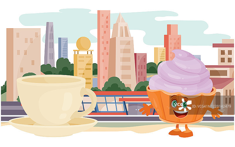 松饼人物和一个杯子与一杯饮料的背景摩天大楼，矢量插图图片素材