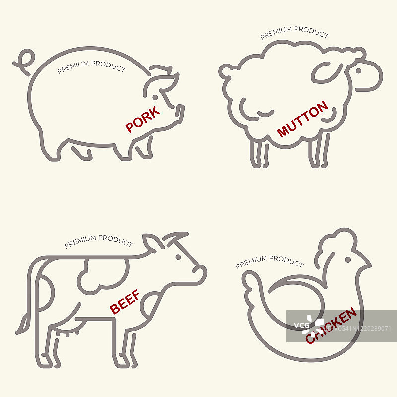 农场动物矢量图标。羊，牛，猪和鸡的线性图标。图片素材