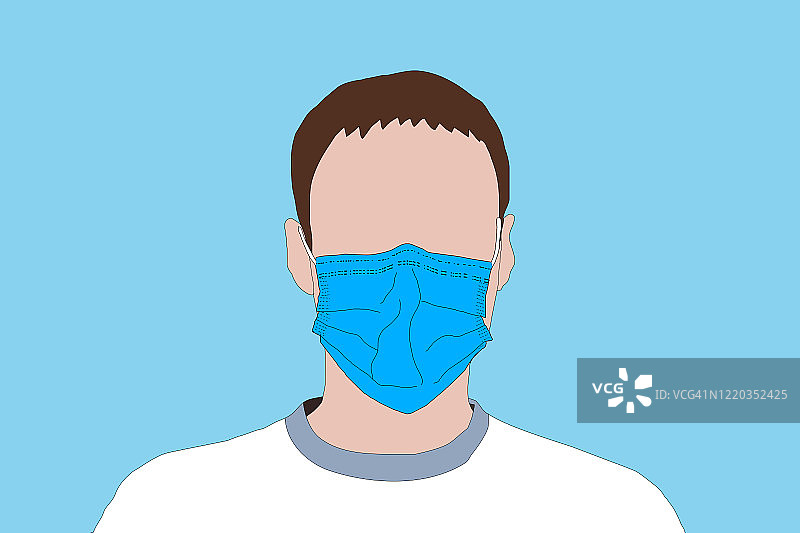 一名戴着医用口罩的病人的肖像，蓝色背景是冠状病毒文字。冠状病毒的概念。保护你的健康，插图图片素材