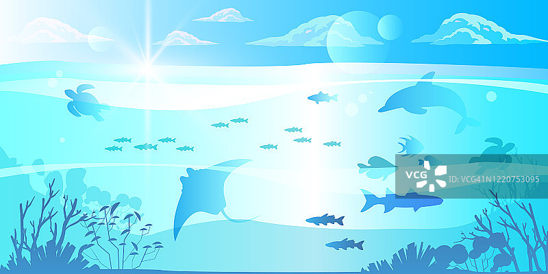 水下蓝色背景有海豚，海龟，黄貂鱼，鱼，珊瑚礁，植物的剪影。图片素材