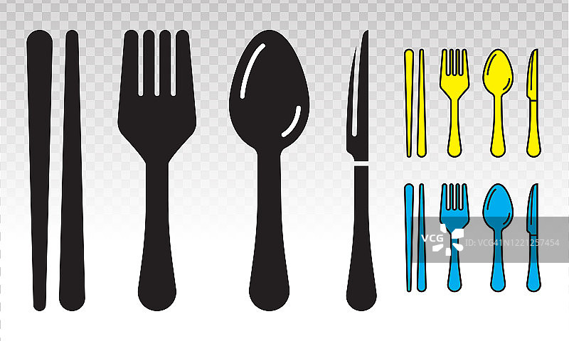 设备用餐银器或餐具矢量平面图标(勺子，刀，筷子和叉子)上透明的背景图片素材