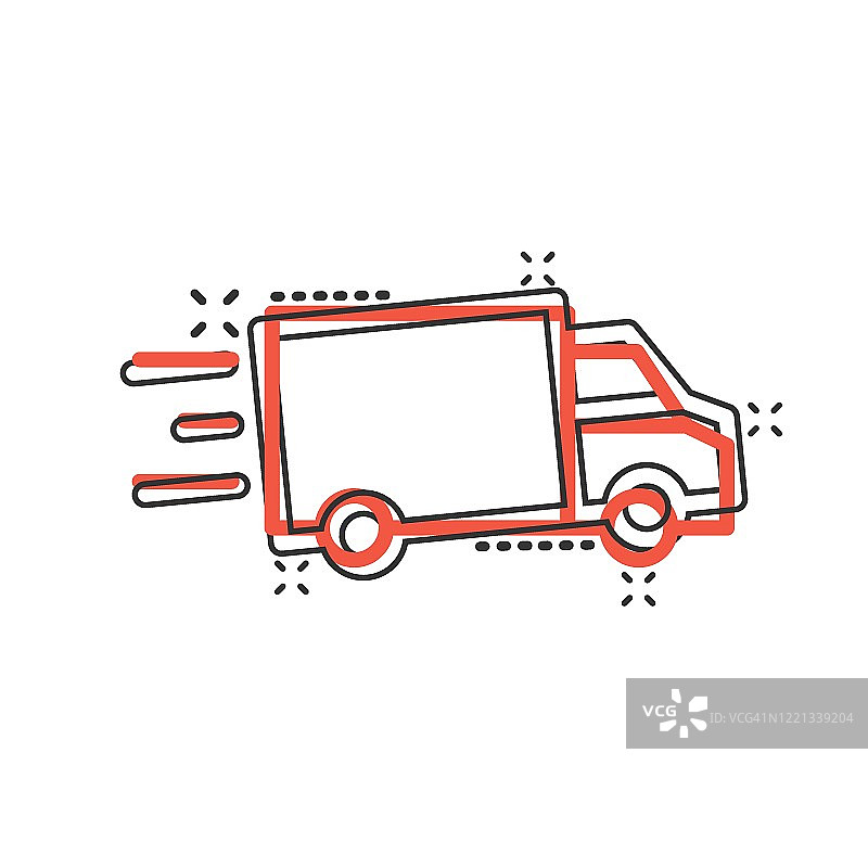 漫画风格的卡车图标。自动交付卡通矢量插图在白色孤立的背景。卡车汽车飞溅效应经营理念。图片素材