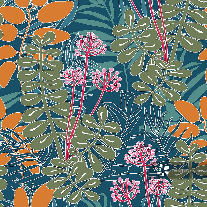 夏季热带丛林无缝花卉图案在深蓝色的背景。五颜六色的叶子和带花的植物。矢量图图片素材
