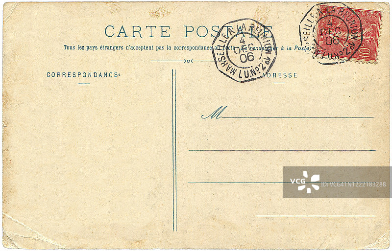 20世纪早期，从马赛寄到留尼旺岛的老式明信片，对于任何历史明信片通信的使用都是一个非常好的背景。图片素材