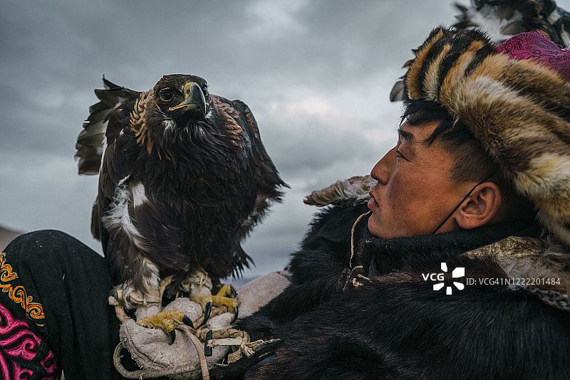 在蒙古沙漠的山上休息的猎鹰者图片素材