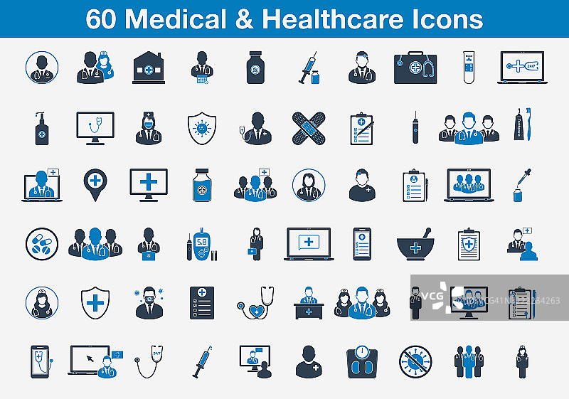 60个医疗保健图标，有医生，护士，外科医生，药物标志。可编辑的矢量EPS符号插图。图片素材