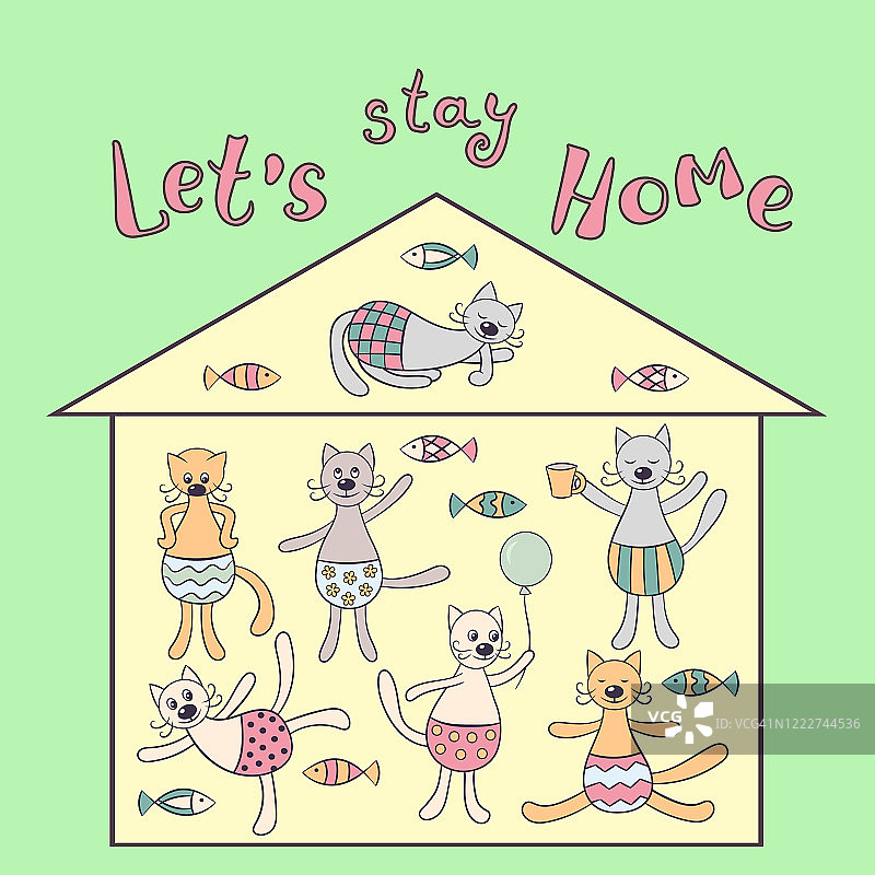 呆在家里。手绘家庭的有趣可爱的猫在他们的家孤立图片素材