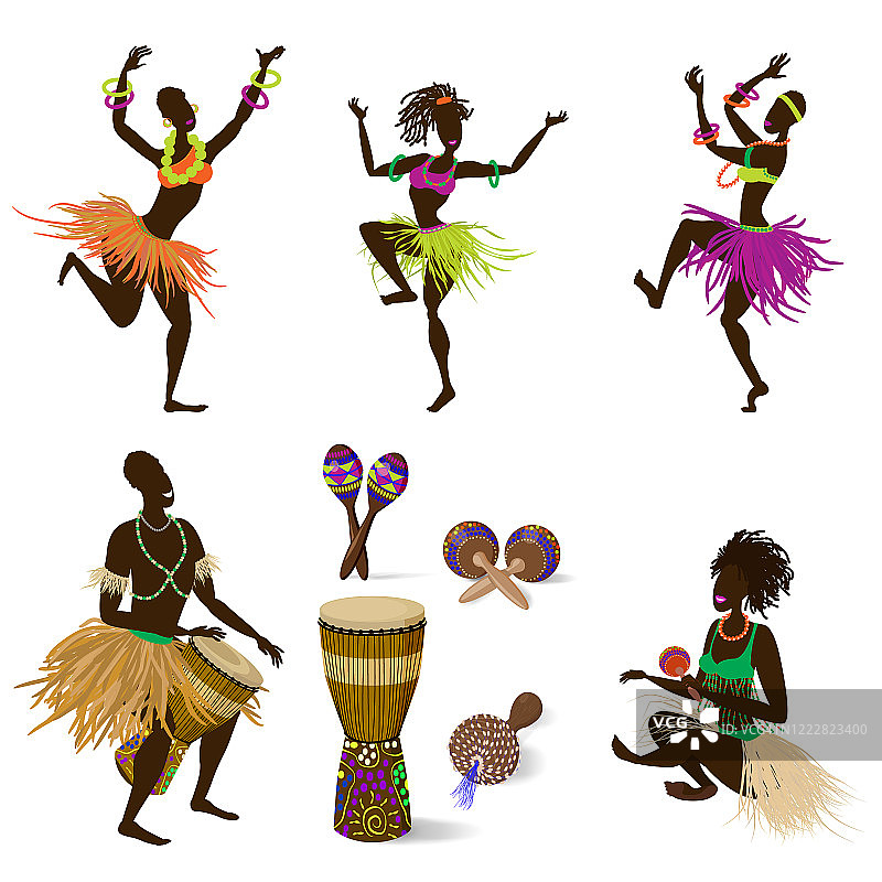一套舞蹈人物和非洲民族乐器、巨型鼓和各种沙球。矢量插图卡通风格，孤立在白色背景。图片素材