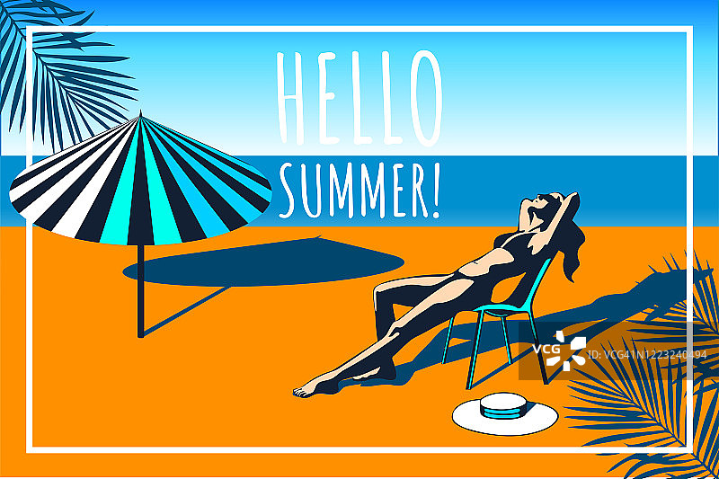 美丽的女人晒黑，戴着太阳镜，帽子，在海滩上，复古的风格。波普艺术。夏天的假期。现代装饰装饰背景。图片素材