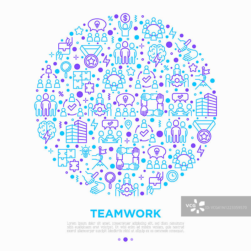 以细线图标围成的团队理念:接力赛、头脑风暴、成功、会议、创意分享、协作、联合项目、团结、支持、授权、奖金。现代向量插图。图片素材
