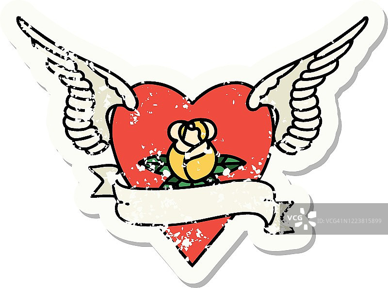 传统的心疼贴纸纹身的心与翅膀，玫瑰和旗帜图片素材