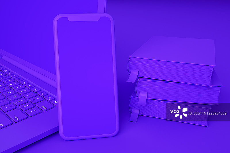 紫色背景上的空白屏幕智能手机和笔记本电脑图片素材