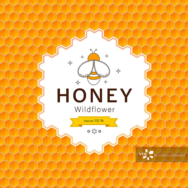 蜂蜜标签和养蜂标志。食物甜，昆虫和细胞，蜂房和蜂蜡，梳子和蜡。矢量图图片素材