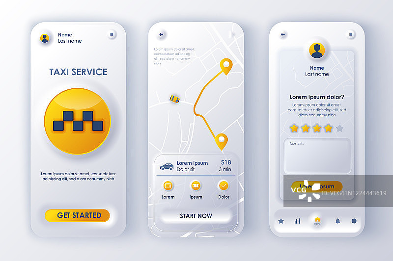 出租车服务独特的新物化设计套件，为手机应用提供新物化风格。带有路线的网上出租车预订屏幕。运输服务UI, UX模板集。图片素材