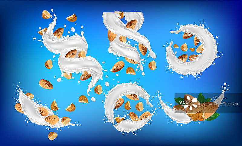 牛奶和坚果。杏仁牛奶。杏仁和牛奶洒在蓝色的背景上。3 d演示。图片素材