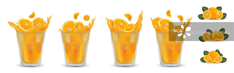 鲜榨橙汁装在透明的玻璃杯里。3D逼真的橙色飞溅。靠近果汁。橙色切片，白色背景上有绿叶。设置说明。图片素材