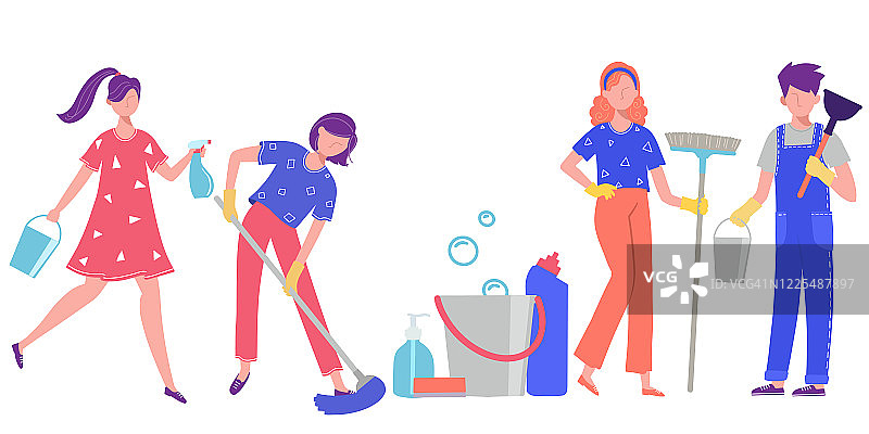 关于清洁主题的插图。人们在家里或办公室里打扫卫生。图片素材