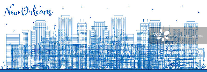用蓝色建筑勾勒出路易斯安那州新奥尔良市的天际线。图片素材