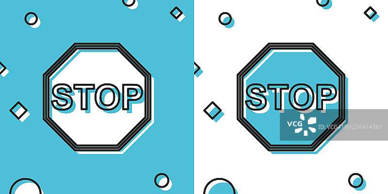 黑色停止标志图标孤立在蓝色和白色背景。交通管制警告停车标志。随机动态形状。矢量图图片素材