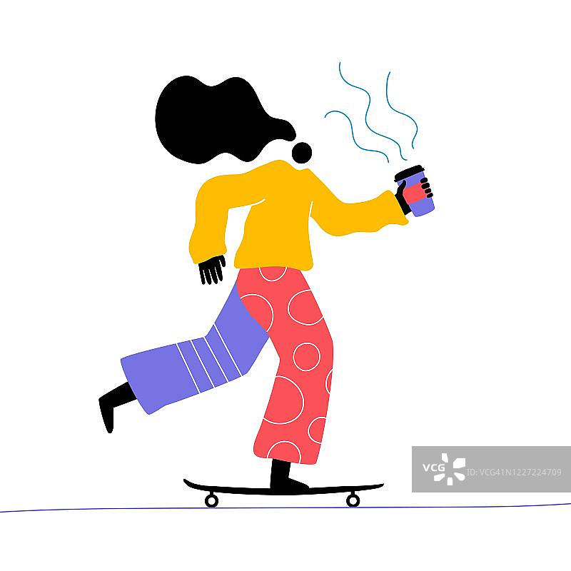 矢量平面风格插图与抽象女子滑板骑着滑板与咖啡去杯在手里。图片素材