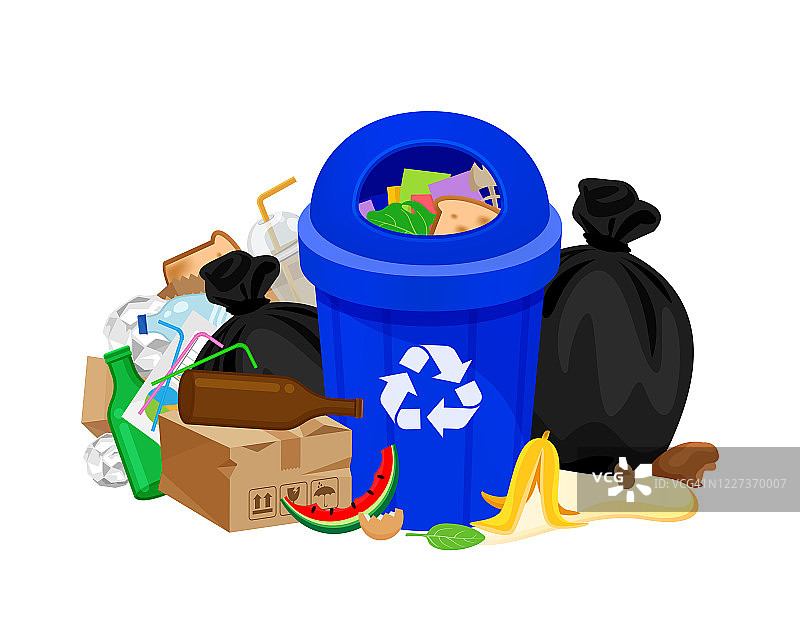 塑料垃圾与袋装塑料在蓝色回收站隔离，塑料垃圾与白色回收站堆放，塑料垃圾与蓝色回收站堆放，塑料垃圾与蓝色回收站分离回收，垃圾污染图片素材