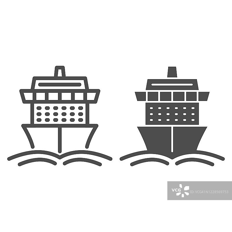 邮轮线和固体图标，夏季旅行概念，船与波浪标志在白色的背景，邮轮旅游船图标轮廓风格的移动概念和网页设计。矢量图形。图片素材