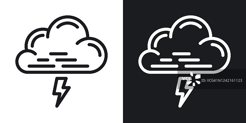 雷云，风暴云或雷暴天气预报应用程序或小部件图标。云与闪电。黑白背景上的双色调版本图片素材