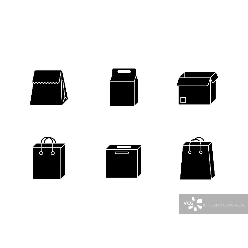 纸制食品包装上的黑色象形文字图标设置在空白区域。纸板箱，产品袋，食品袋。午餐、杂货店用的一次性容器。轮廓符号。向量孤立的插图图片素材