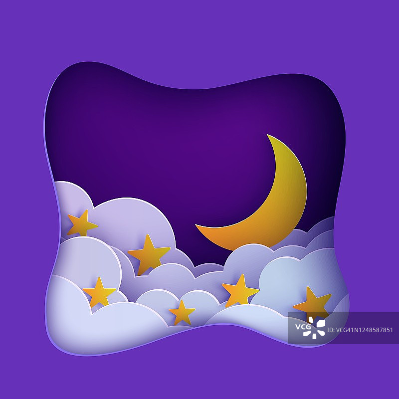 夜晚的天空云框架像枕头与金色的星星和月亮剪纸风格。剪出3d背景与新月和多云的景观剪纸艺术。向量卡为祝愿晚安甜甜的梦图片素材