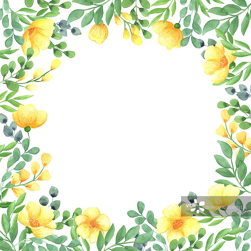 水彩插图方形框架与黄色的花和绿色的叶子图片素材