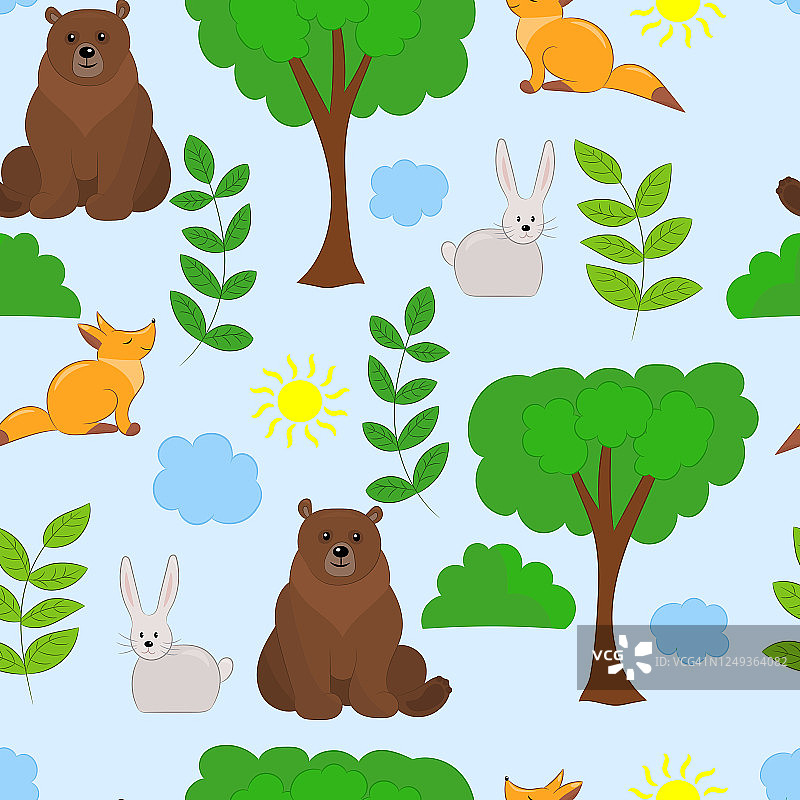 矢量无缝模式与森林动物:熊，狐狸，野兔，树，灌木在一个蓝色的背景图片素材