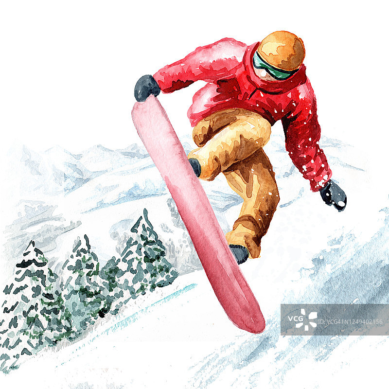 年轻的滑雪板跳跃与滑雪板从雪山滑雪场，冬季娱乐和度假的概念。手绘水彩插图图片素材
