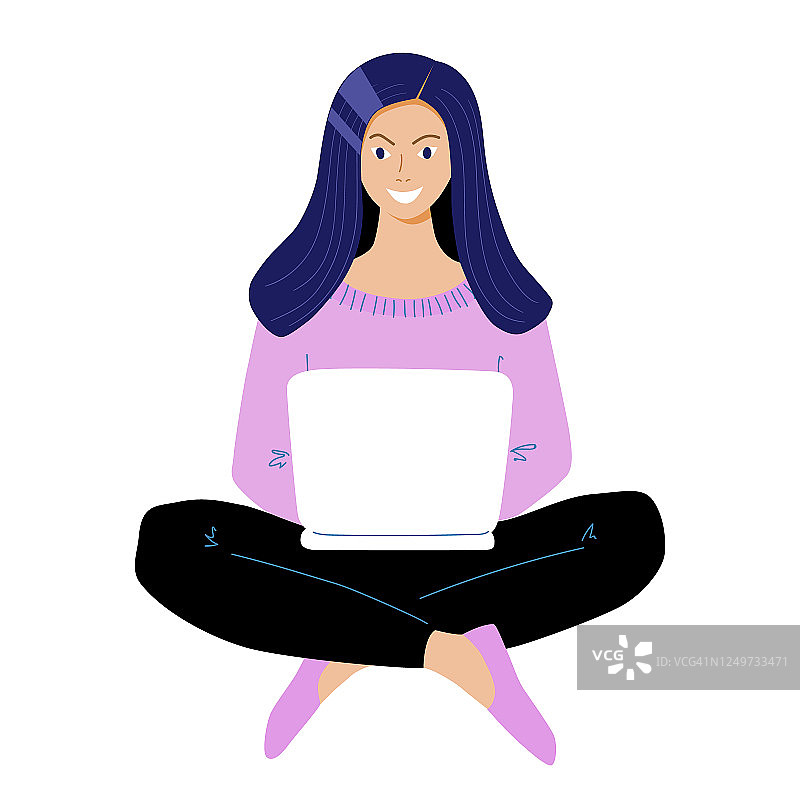 深色头发的角色与笔记本电脑坐在莲花的位置。女性自由职业者在网上工作。远程工作和自我雇佣的概念。股票矢量平面插图孤立在白色。图片素材