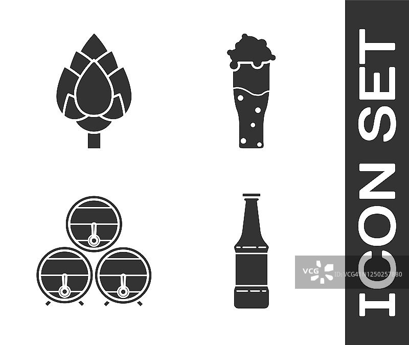 啤酒瓶，啤酒花，木桶架上的瓶塞和啤酒图标。向量图片素材