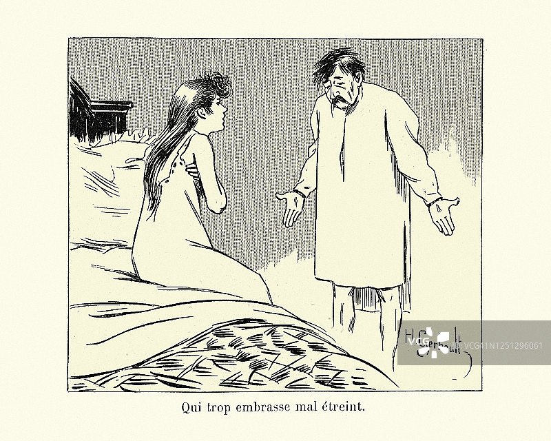 男人在床上感到尴尬和不安全，维多利亚时代的卡通图片素材